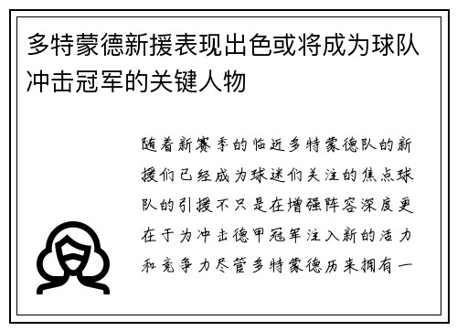 多特蒙德新援表现出色或将成为球队冲击冠军的关键人物